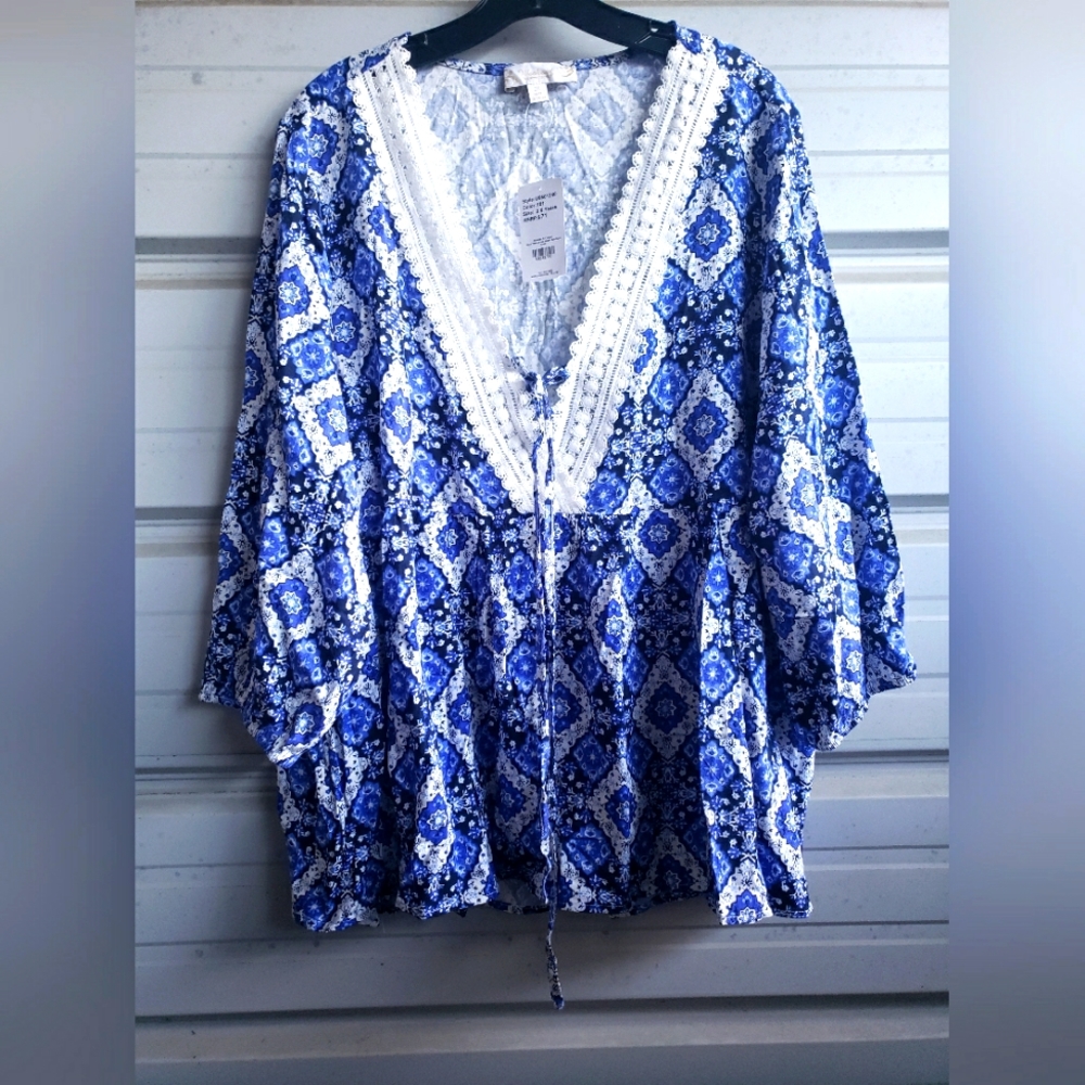 2X New Plus Size Blue tunic top blouse shirt pretty spring Suzanne Betro
